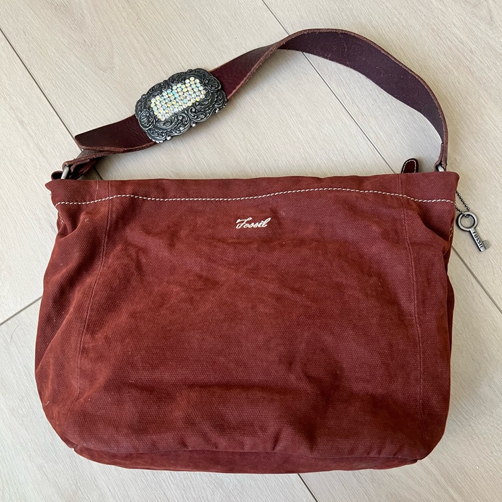 Fossil Brand Brown Canvas Hobo Bag With Leather S… - image 1